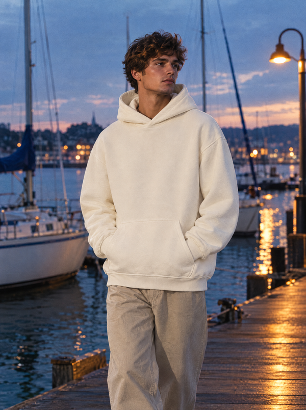 The Leisure Club Hoodie in Natural Raw – am Hafen zur blauen Stunde