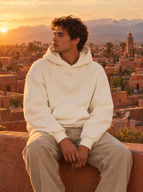 The Kasbah Hoodie in Natural Raw – Dachterrasse über der Medina
